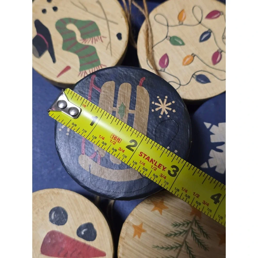 Round Snowman Face Christmas Ornaments Set of 7‎ Wood Sleigh Lights Mittens wood
